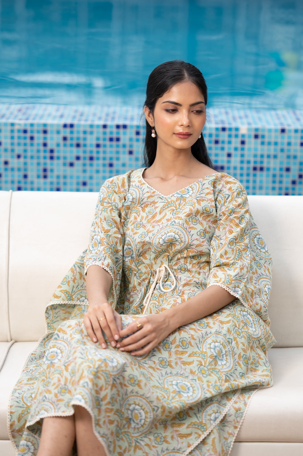 cotton long kaftan green flower print