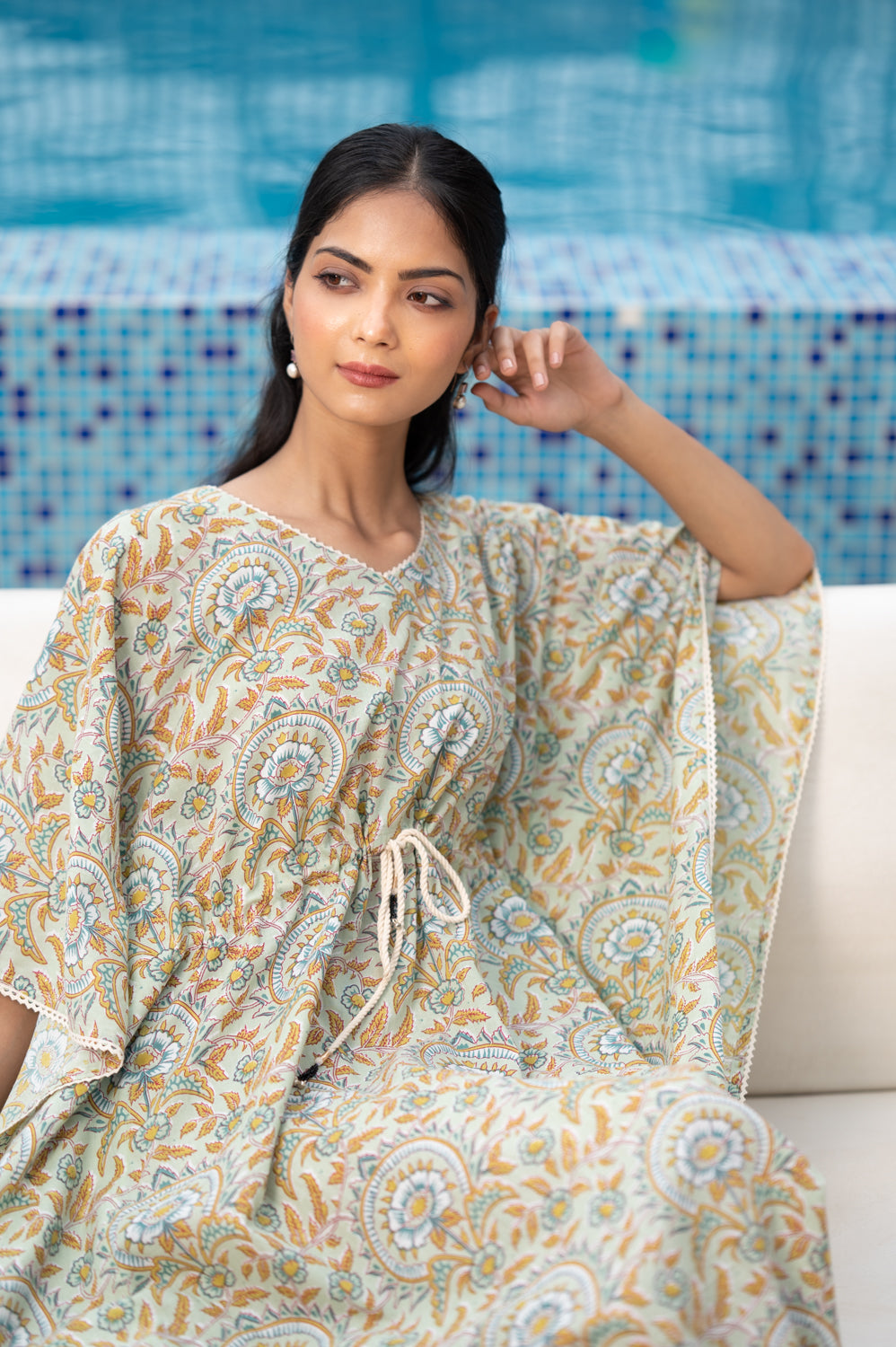 cotton long kaftan green flower print