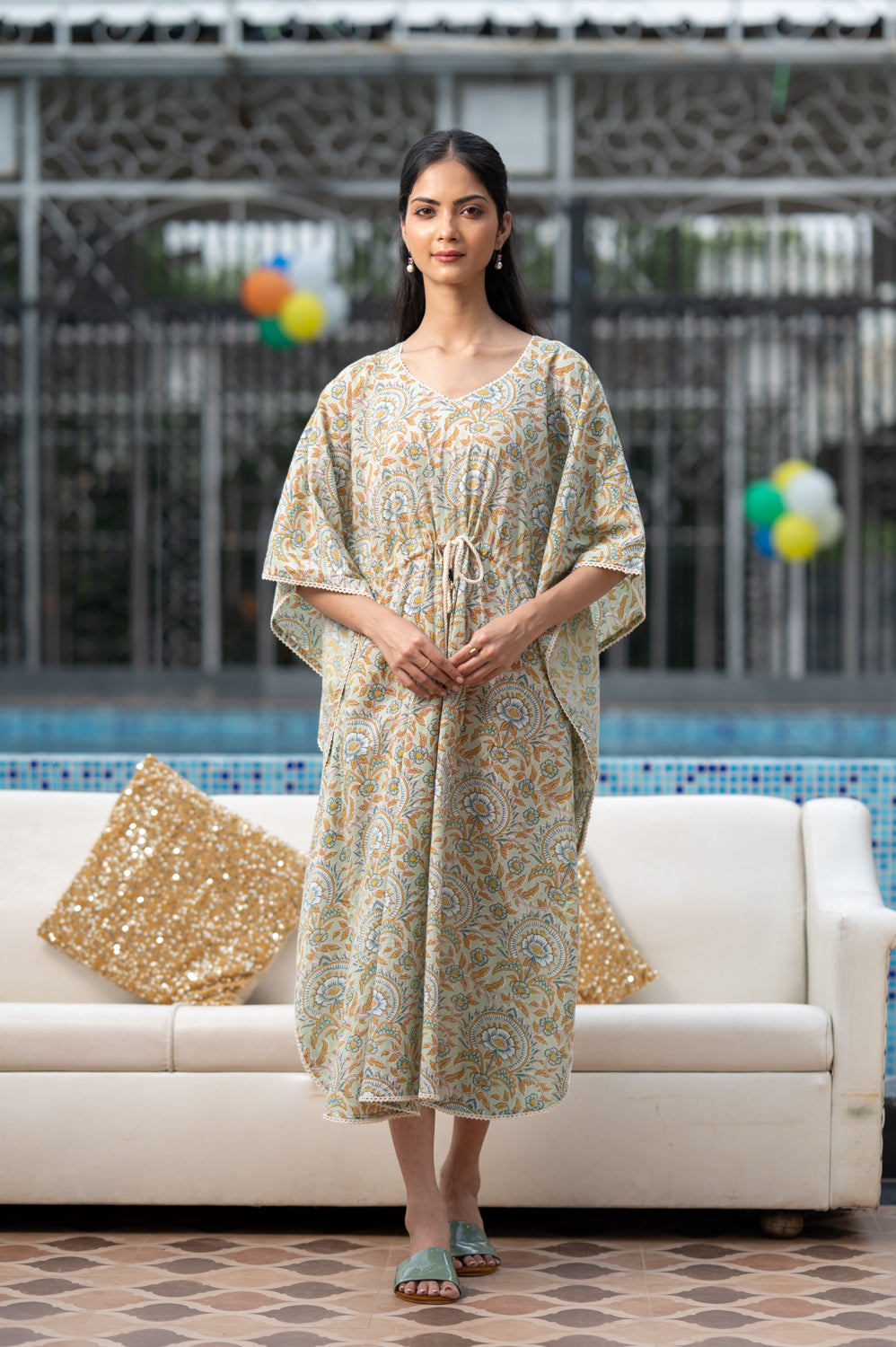 cotton long kaftan green flower print