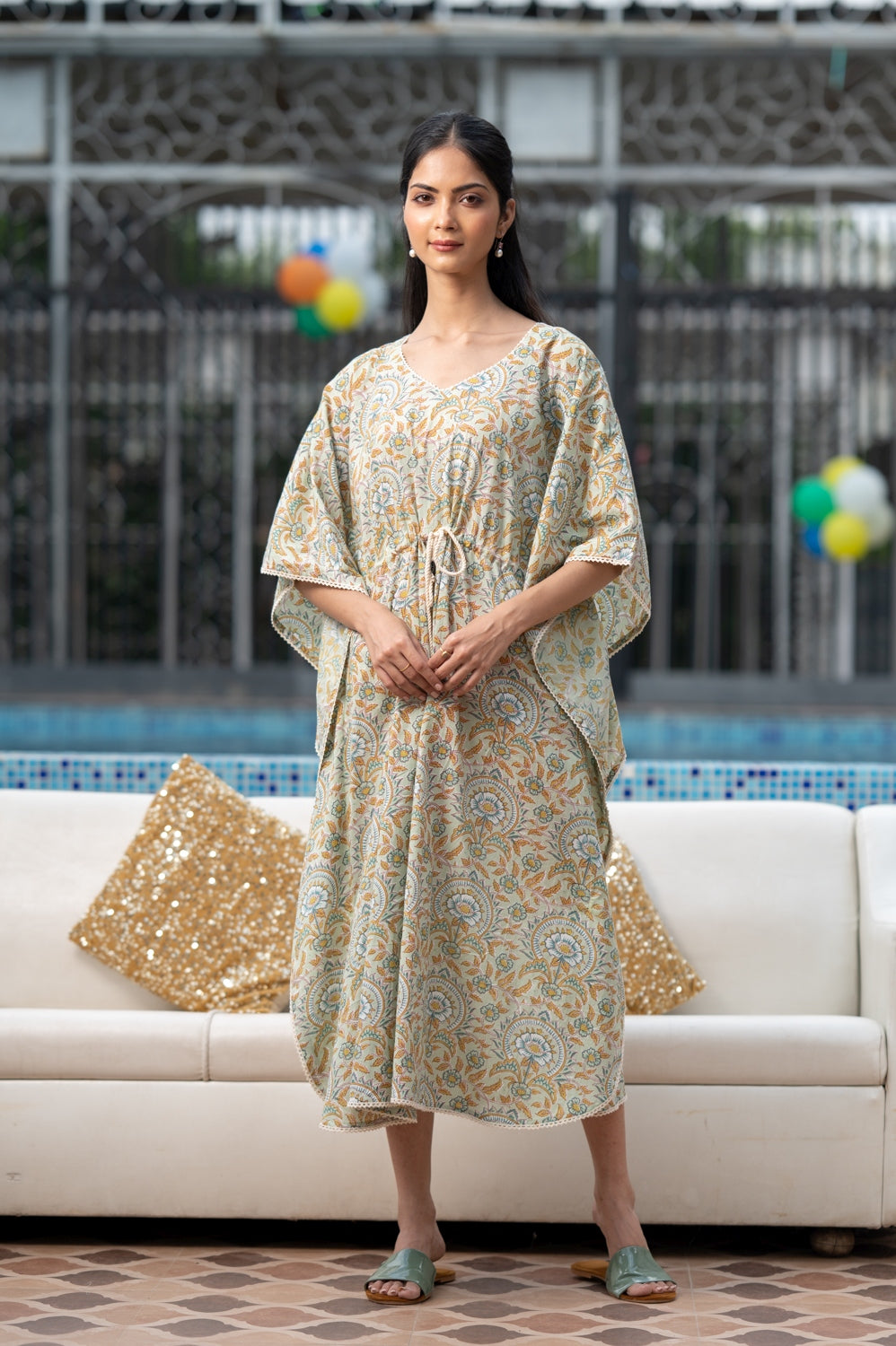 cotton long kaftan green flower print