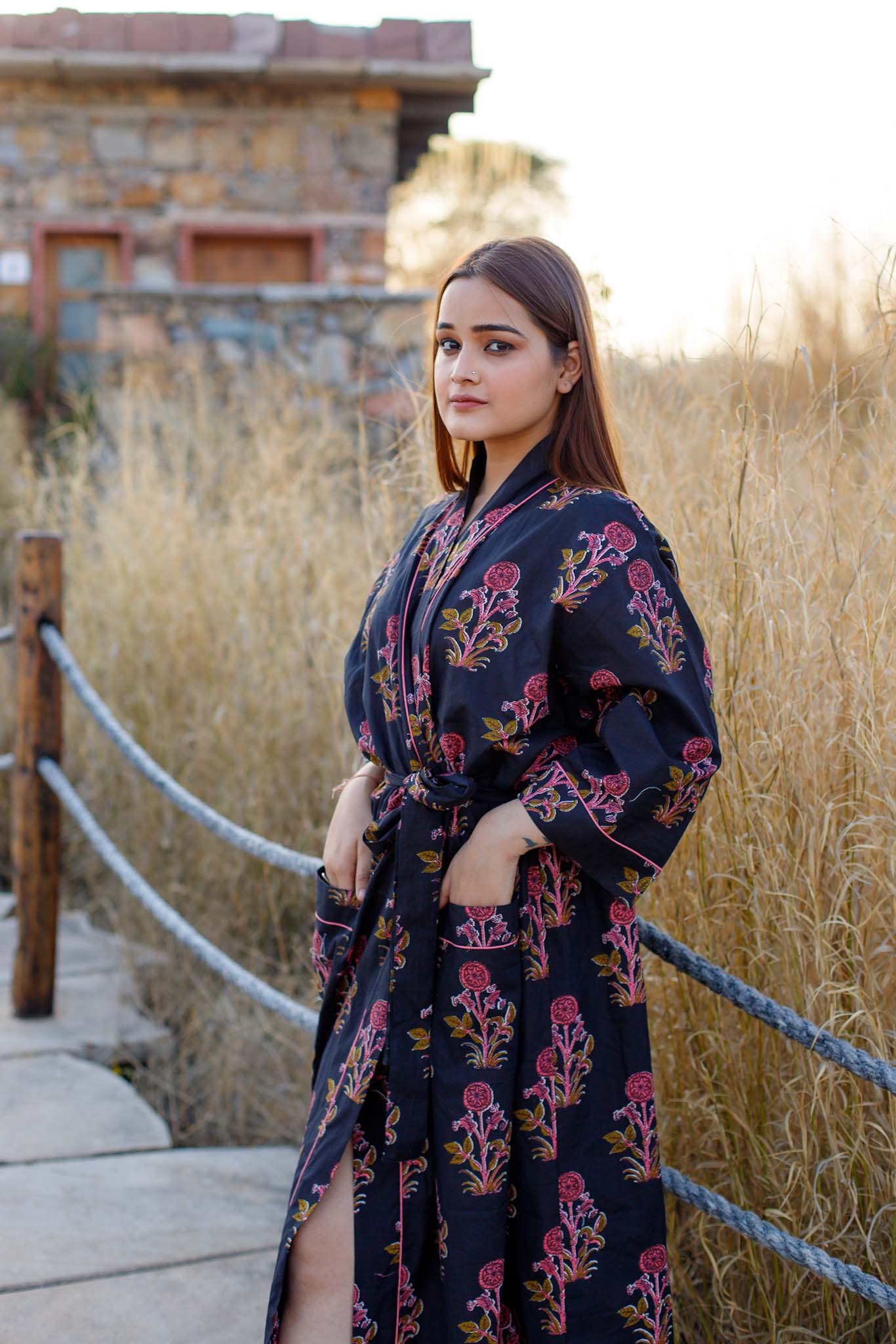 Royal Midnight Floral Hand Block Printed Cotton Kimono Lounge Robe