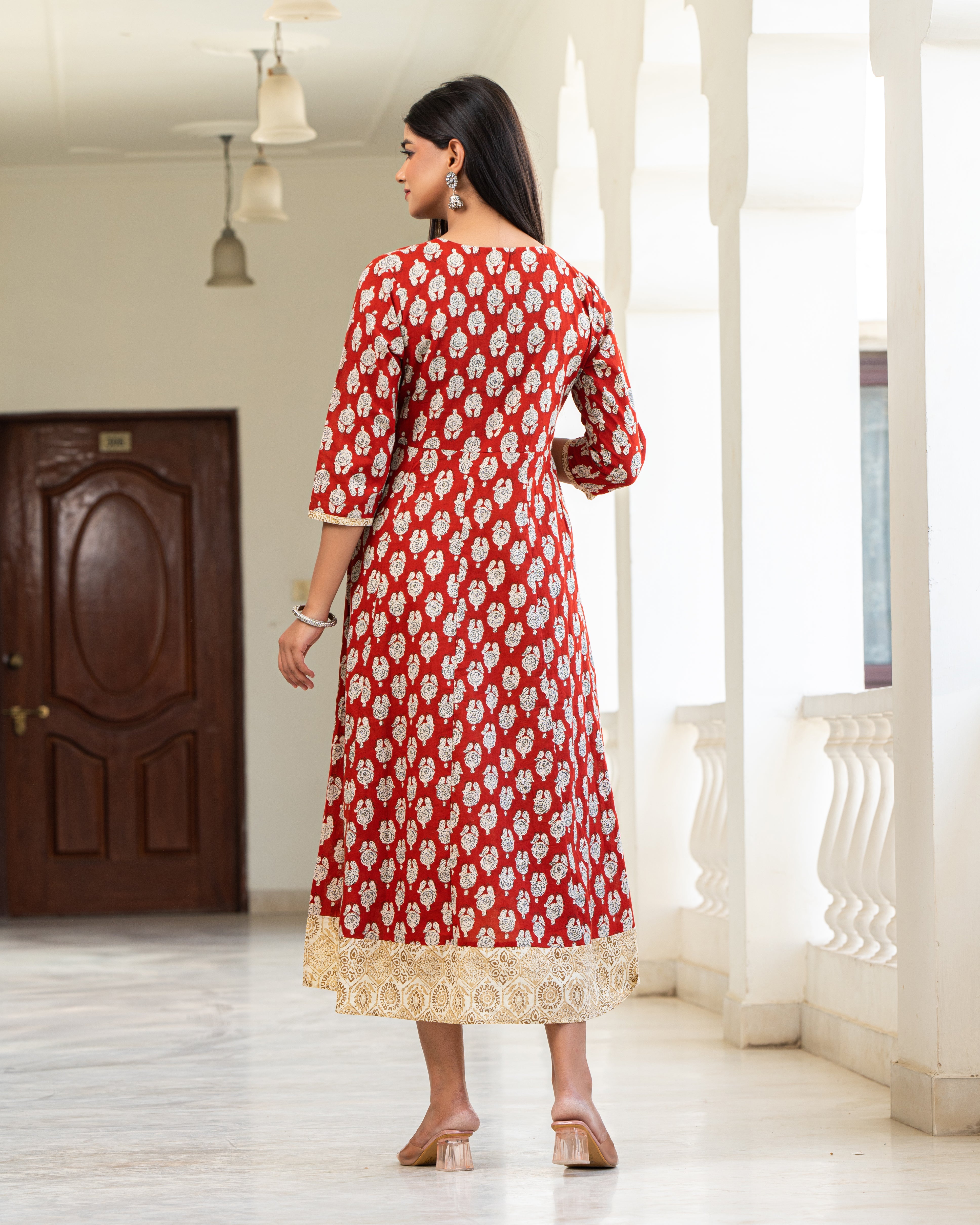 Cotton Flared Women Red Motif Printed Kurta
