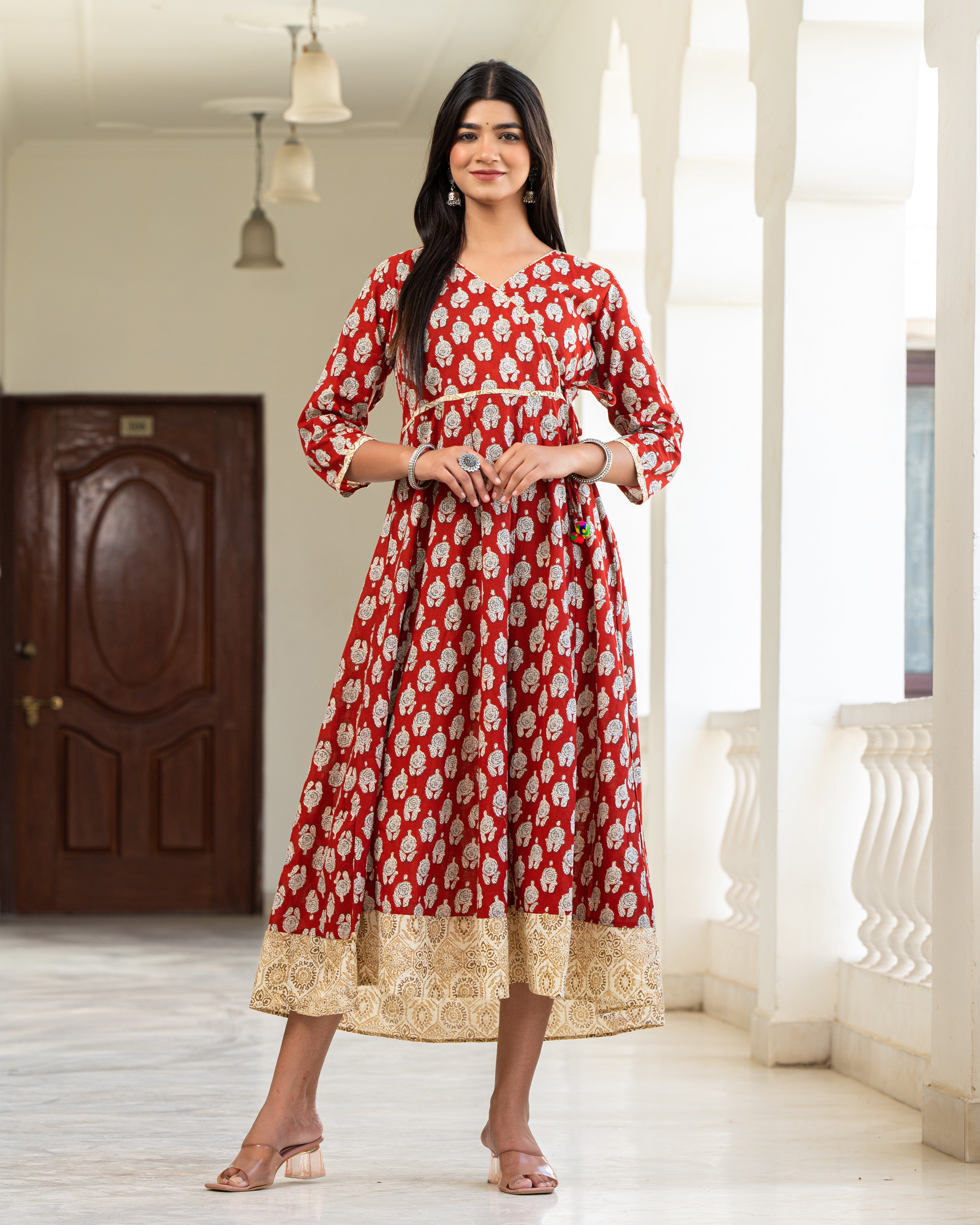 Cotton Flared Women Red Motif Printed Kurta