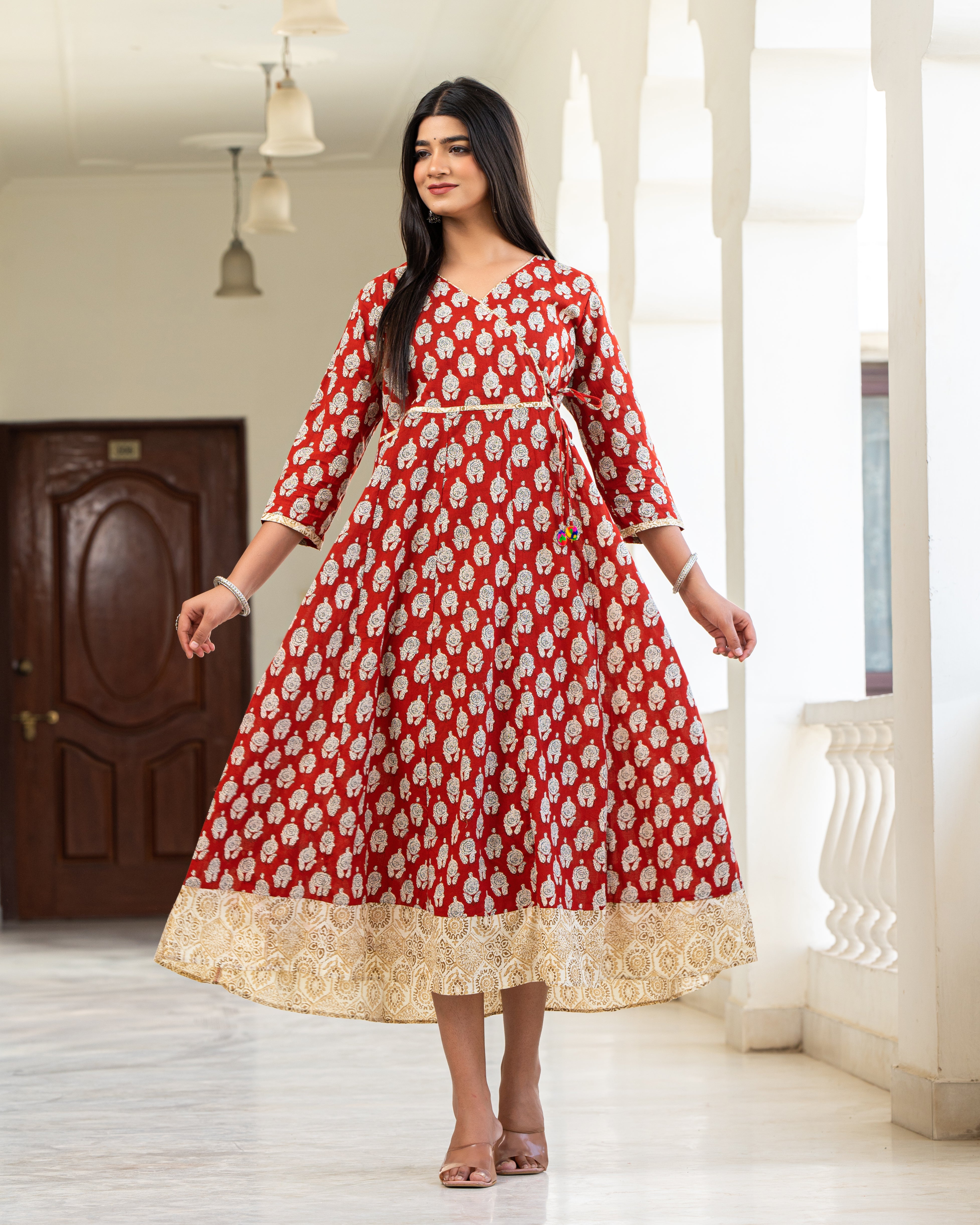 Cotton Flared Women Red Motif Printed Kurta