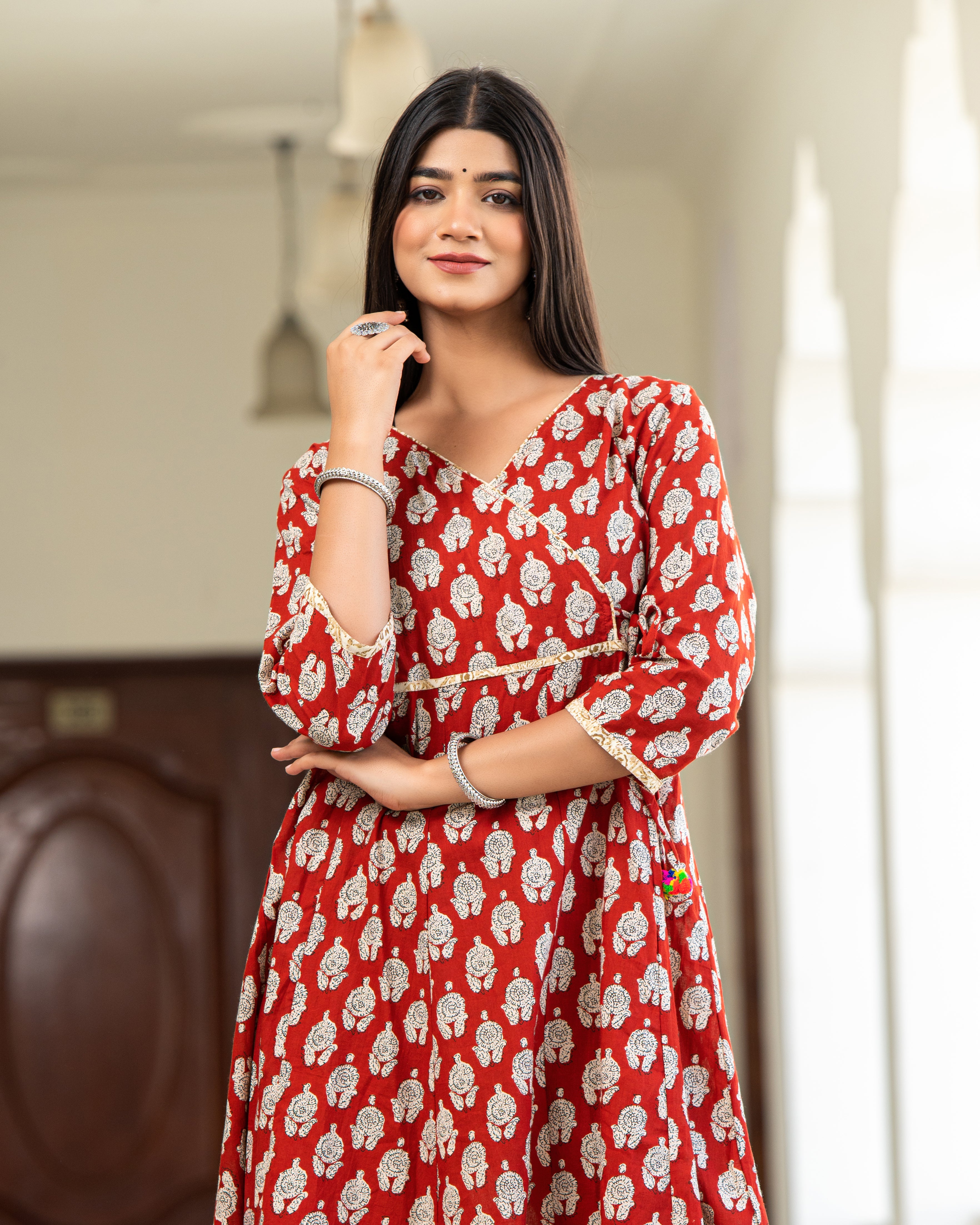 Cotton Flared Women Red Motif Printed Kurta