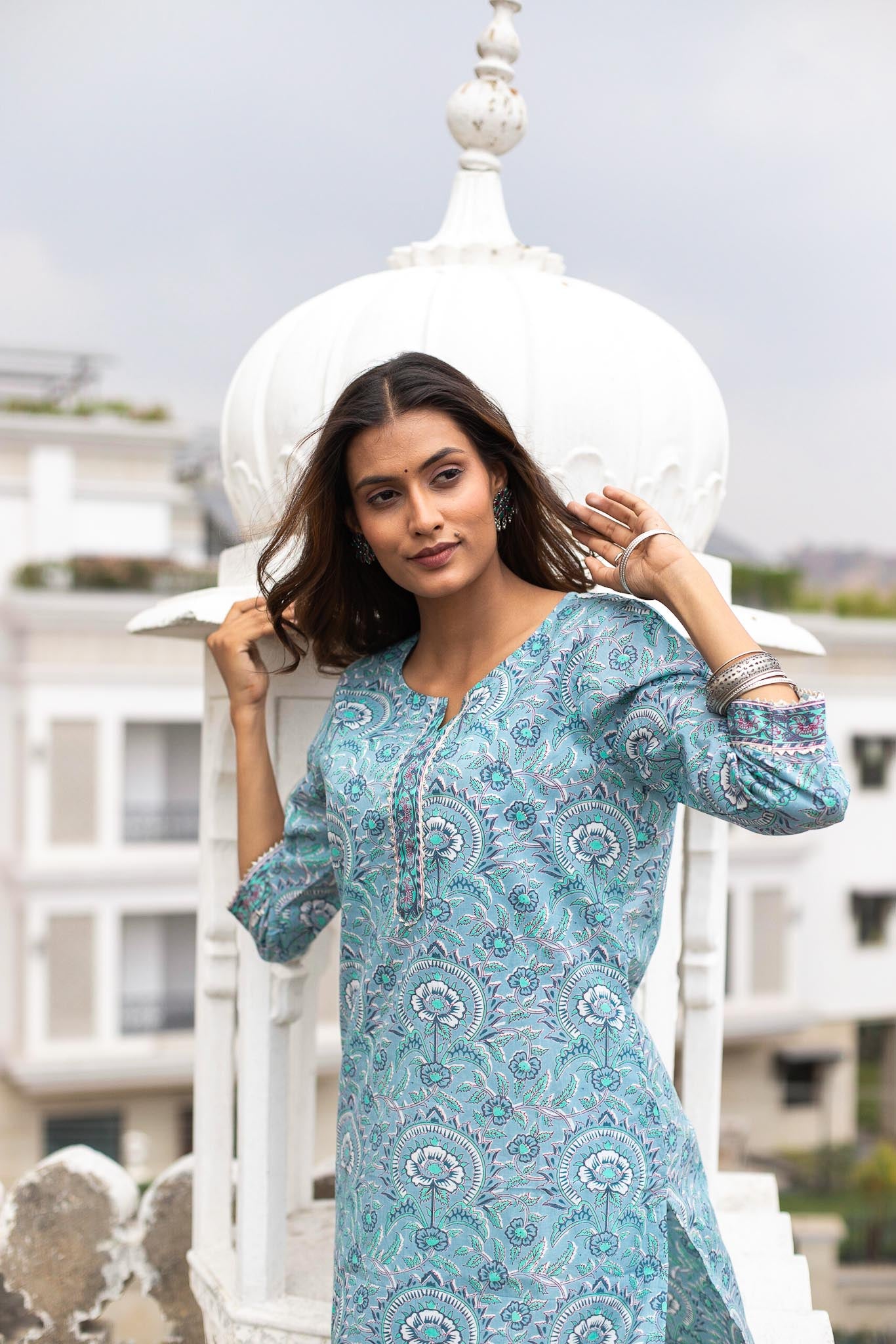 Blue Floral Motif Straight Cotton Kurti by Thappa Chapai
