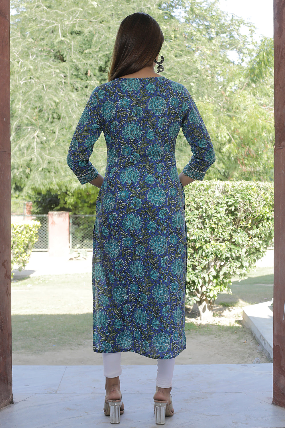 Cotton Straight Kurti - Olive Green Floral Motif 2