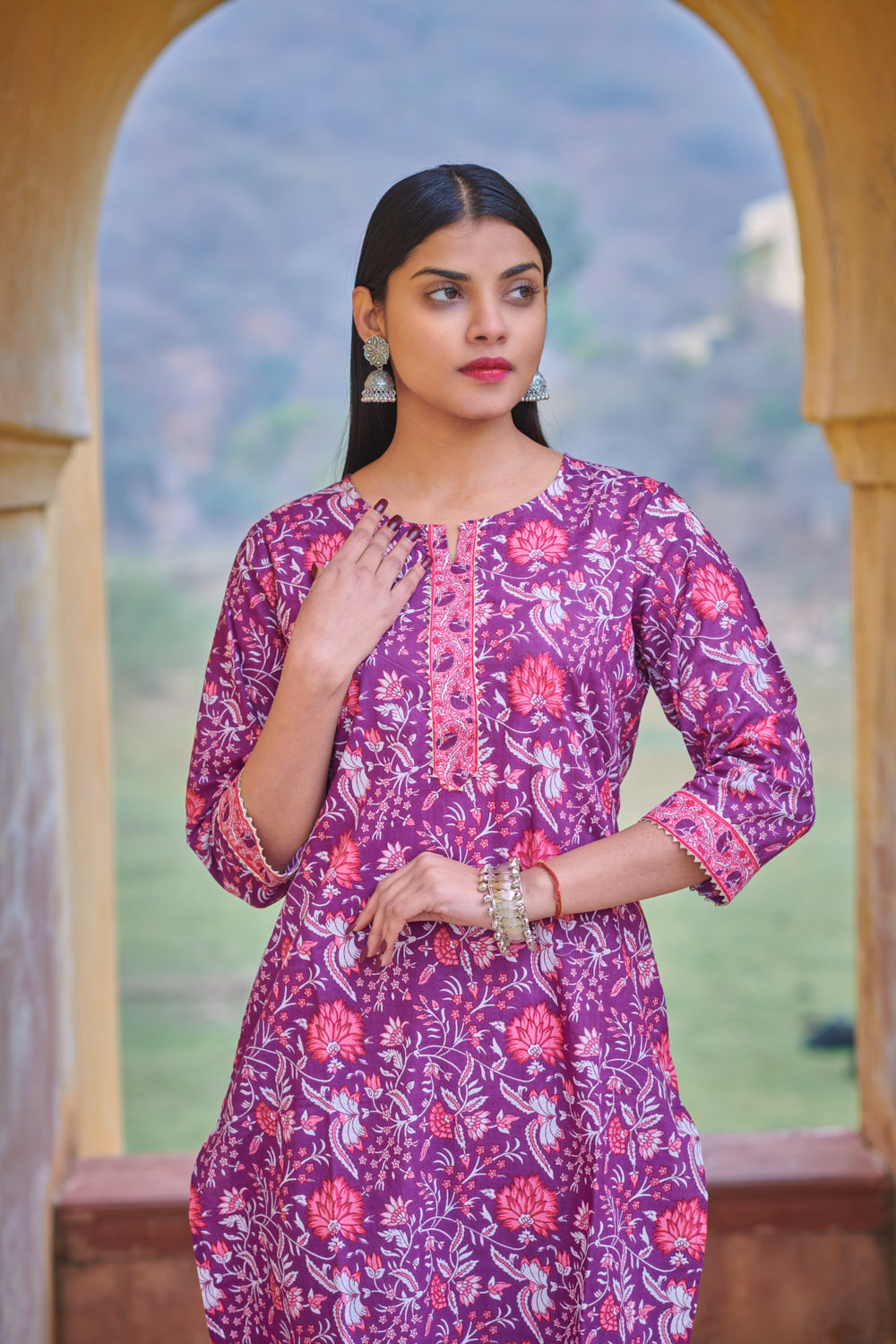 Cotton Purple Floral Printed Kurta
