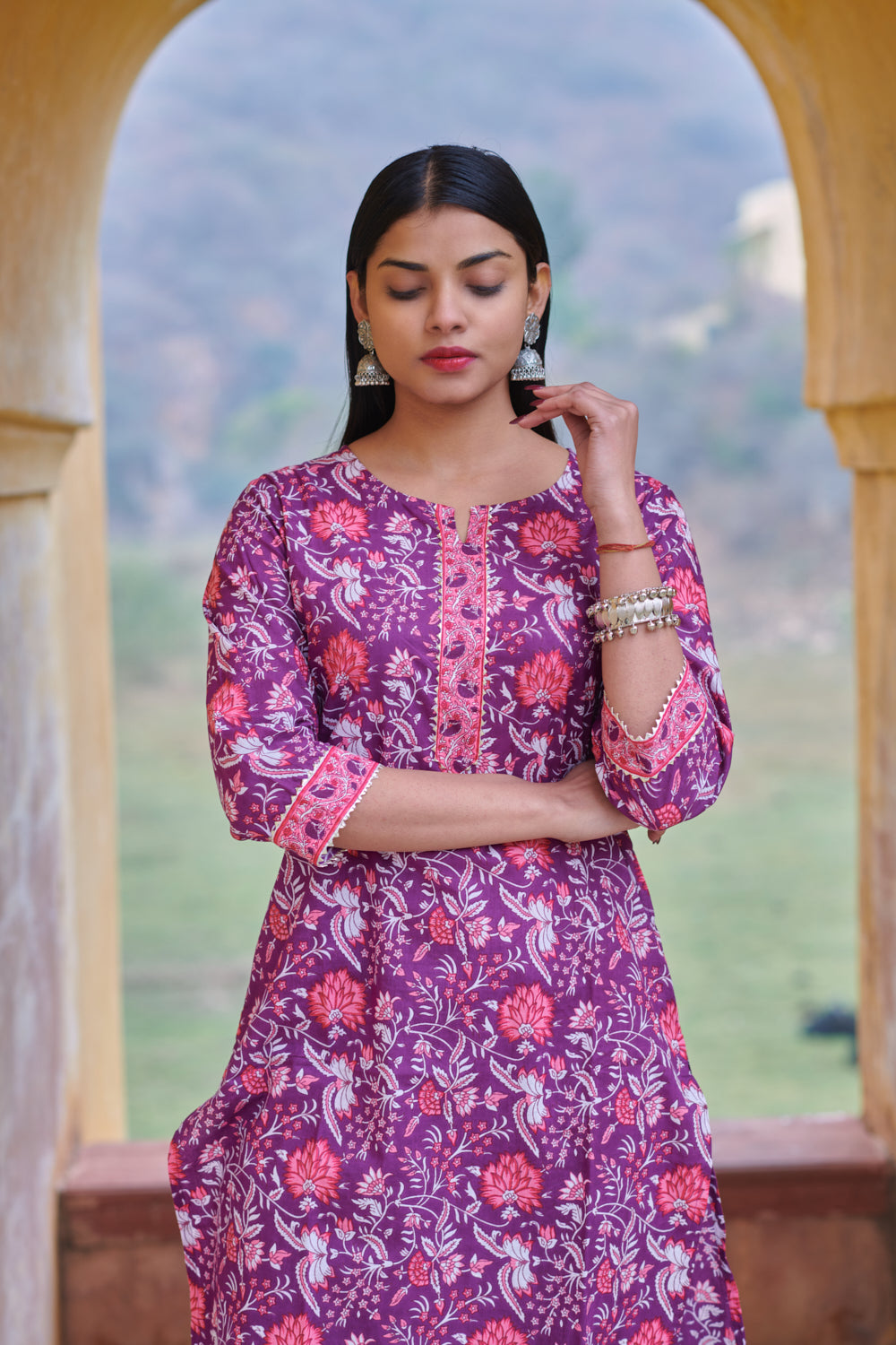 Cotton Purple Floral Printed Kurta