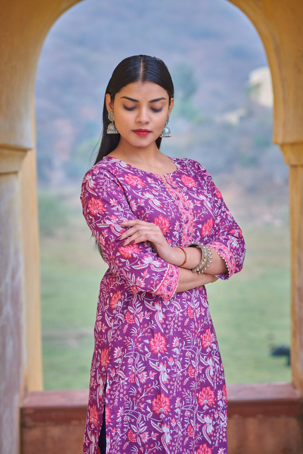 Cotton Purple Floral Printed Kurta