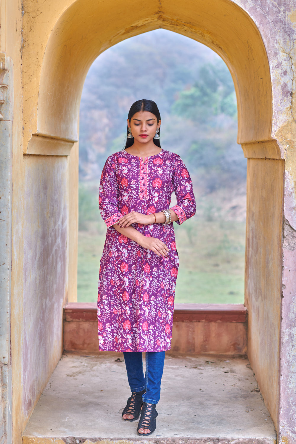 Cotton Purple Floral Printed Kurta