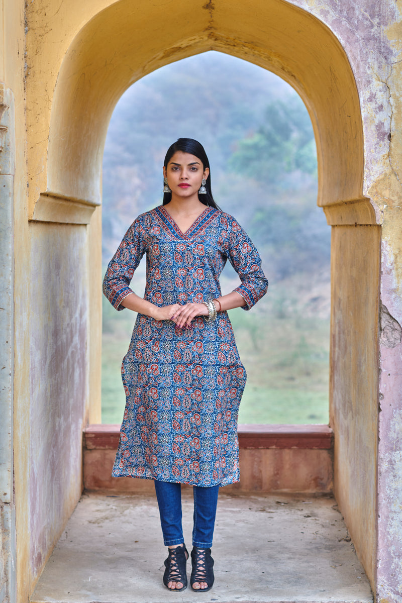 Cotton Red Brown Floral Straight Kurti