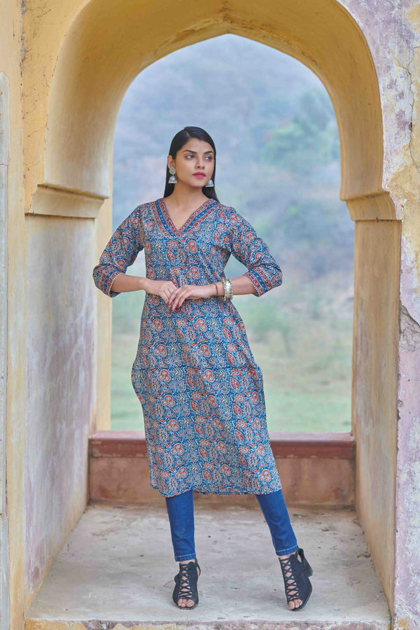 Cotton Red Brown Floral Straight Kurti