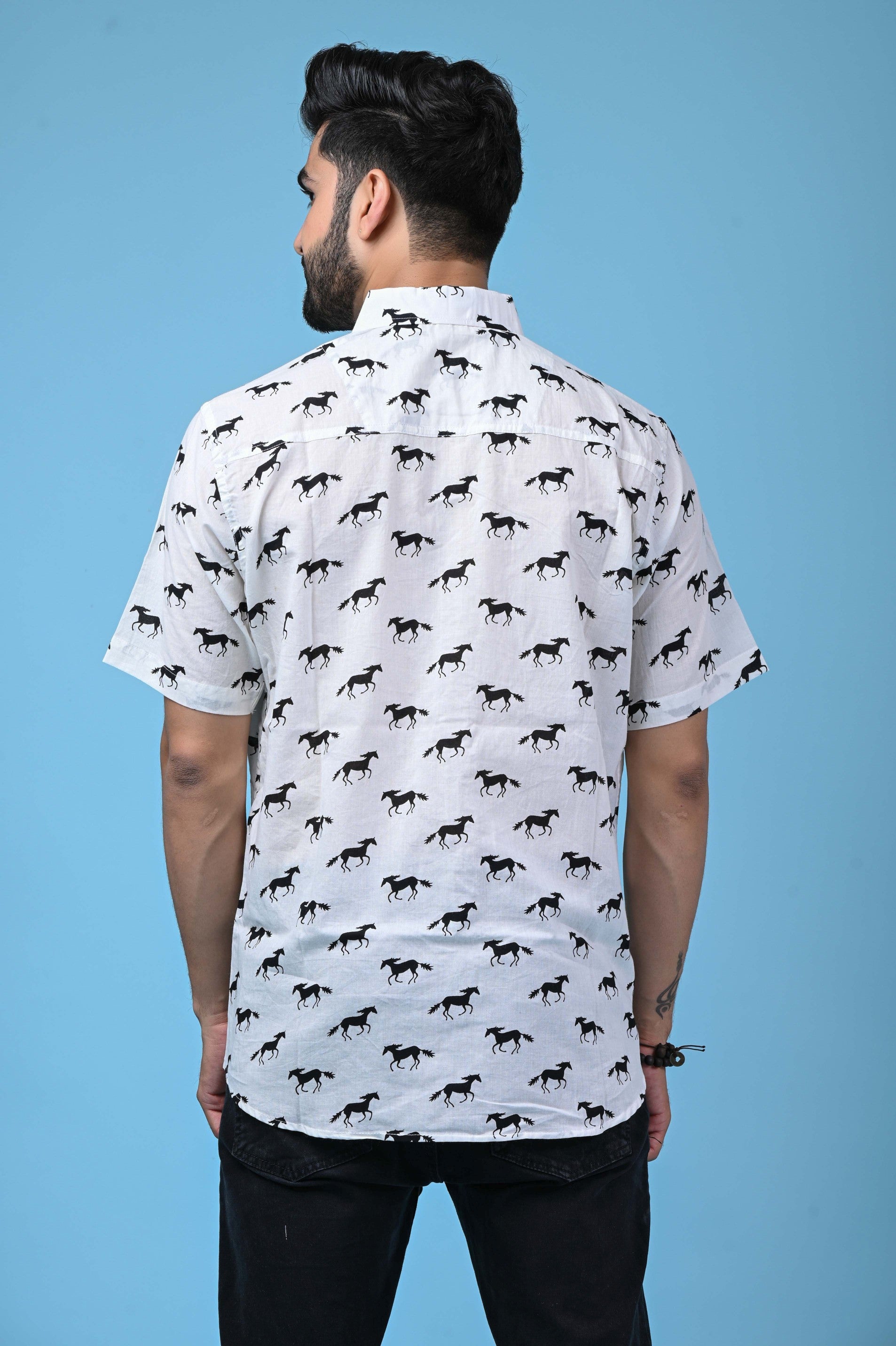 White Men's Shirt with Black Horse Print - Regular Fit