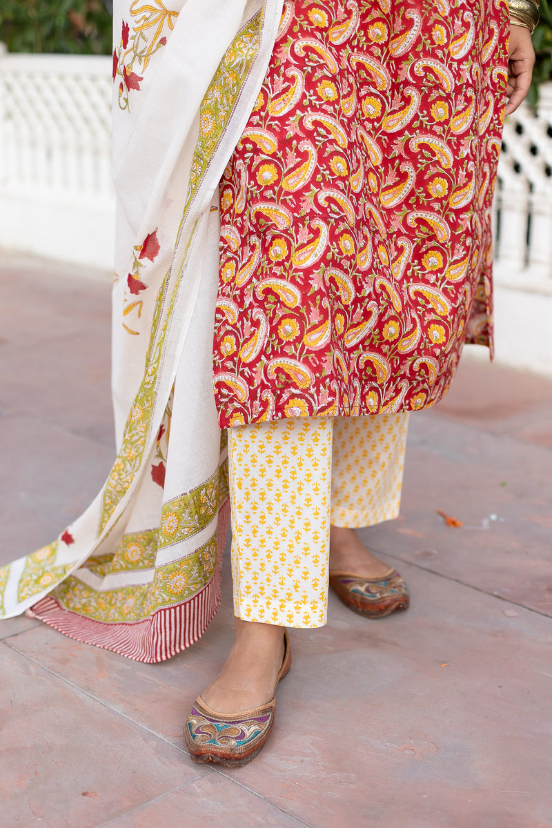 Red Cotton Suit Set With Yellow Keri Print 6