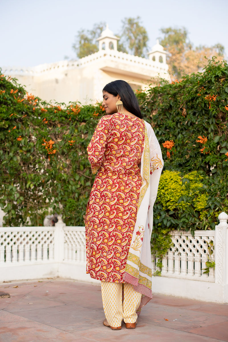 Red Cotton Suit Set With Yellow Keri Print 5