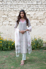 Green  Cotton Suit Set with pink buti Floral Jaal