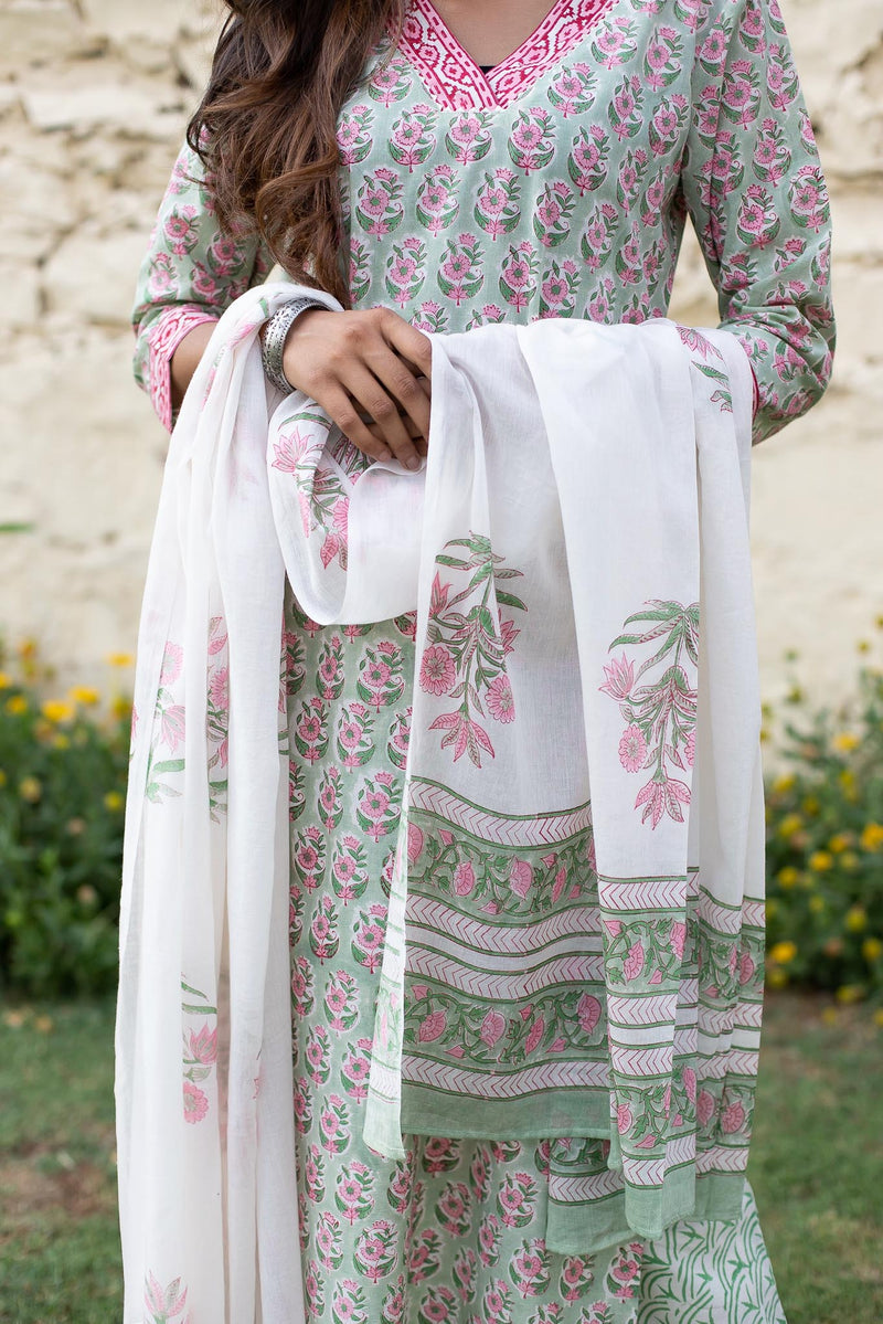 Green  Cotton Suit Set with pink buti Floral Jaal