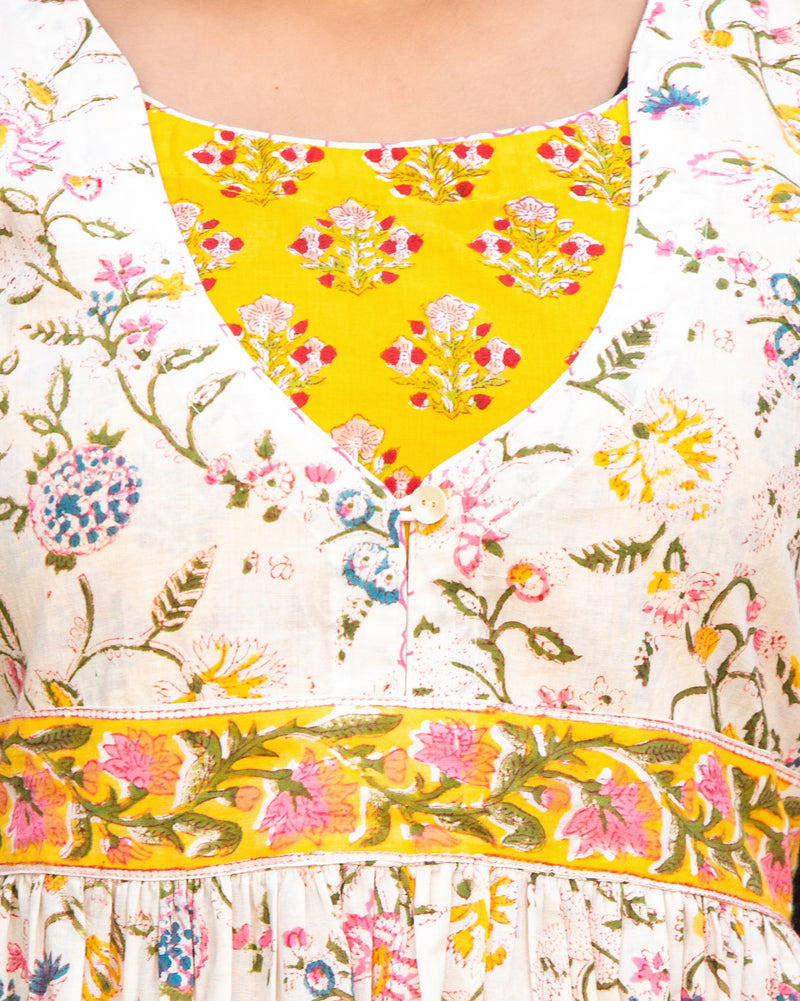 Cotton Hand Block Printed Yellow-White Kurta Pant Dupatta Set