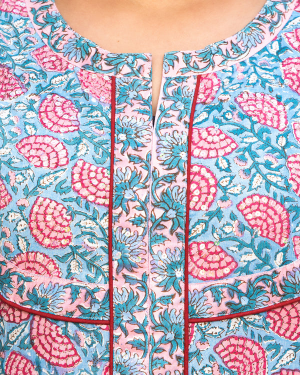 Cotton Hand Block Printed Pink-Blue Kurta Pant Dupatta Set