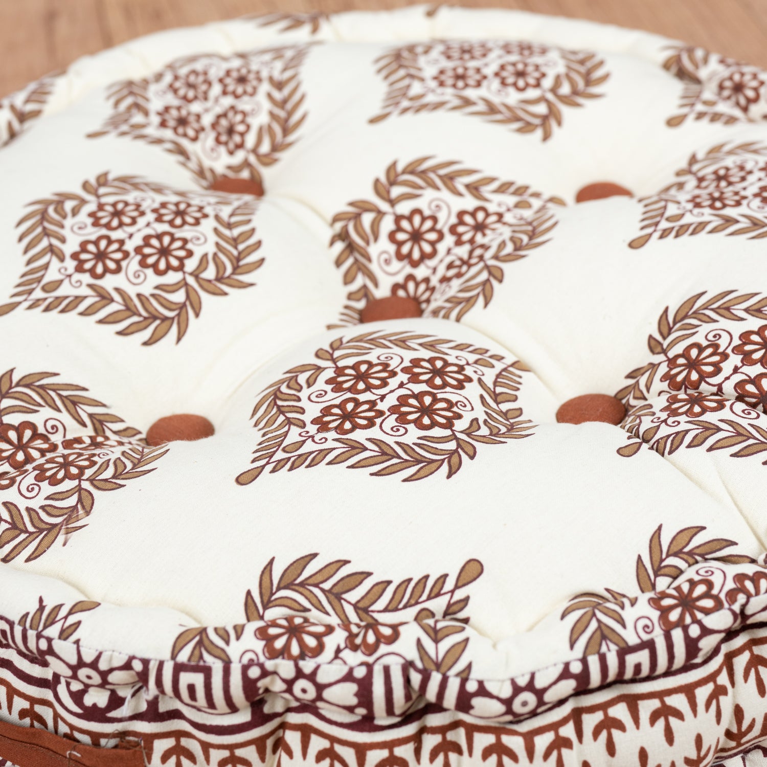 Cotton Floor Cushion Round Brown Mughal Jaali Print