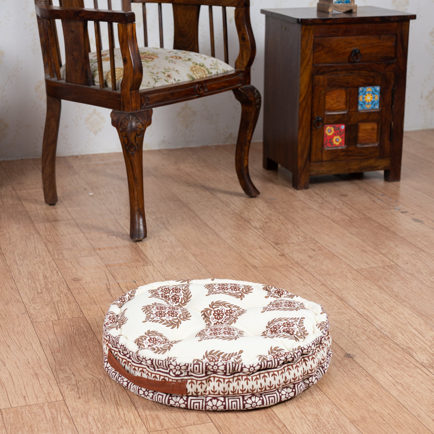 Cotton Floor Cushion Round Brown Mughal Jaali Print