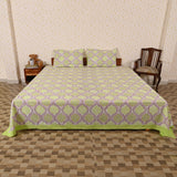 Cotton Block Print king Size Bedsheet | Green Ogee