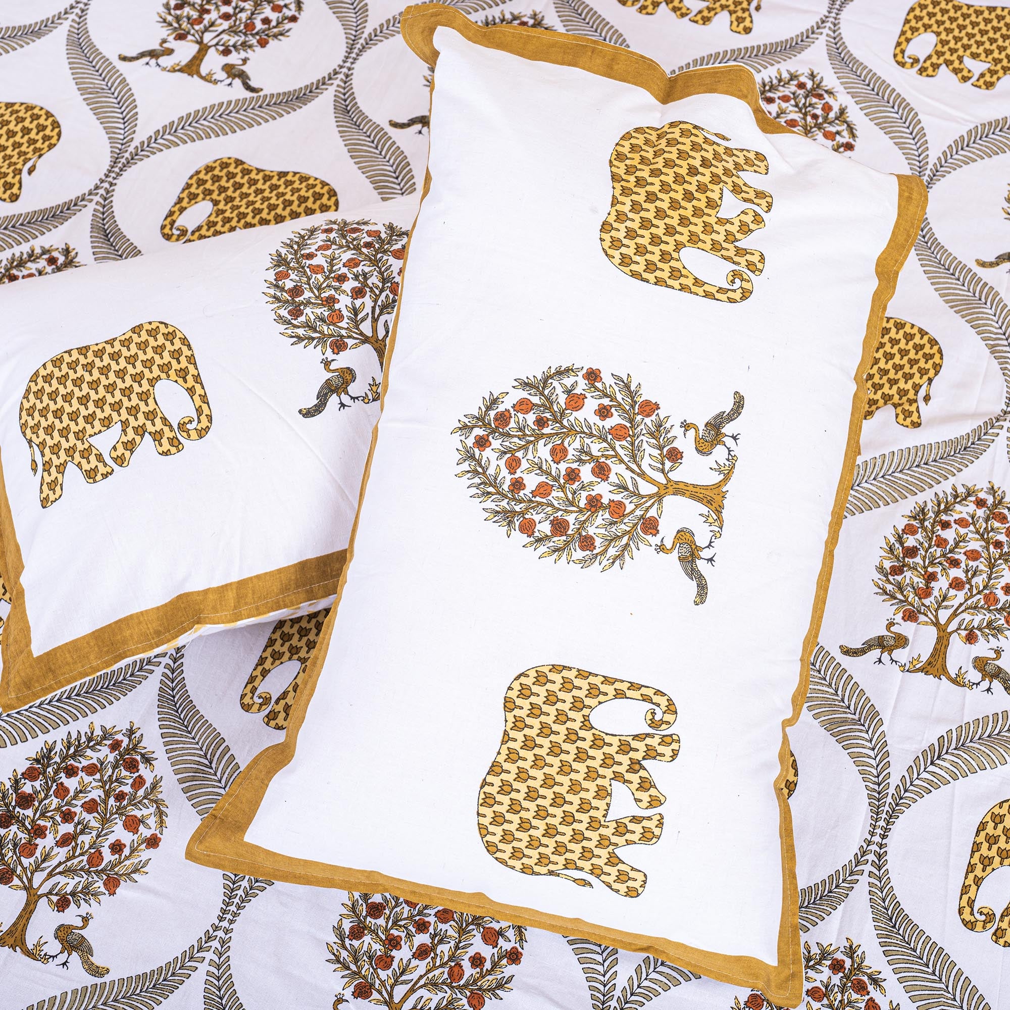 Cotton Queen Size Bedsheet - Yellow Elephant Print
