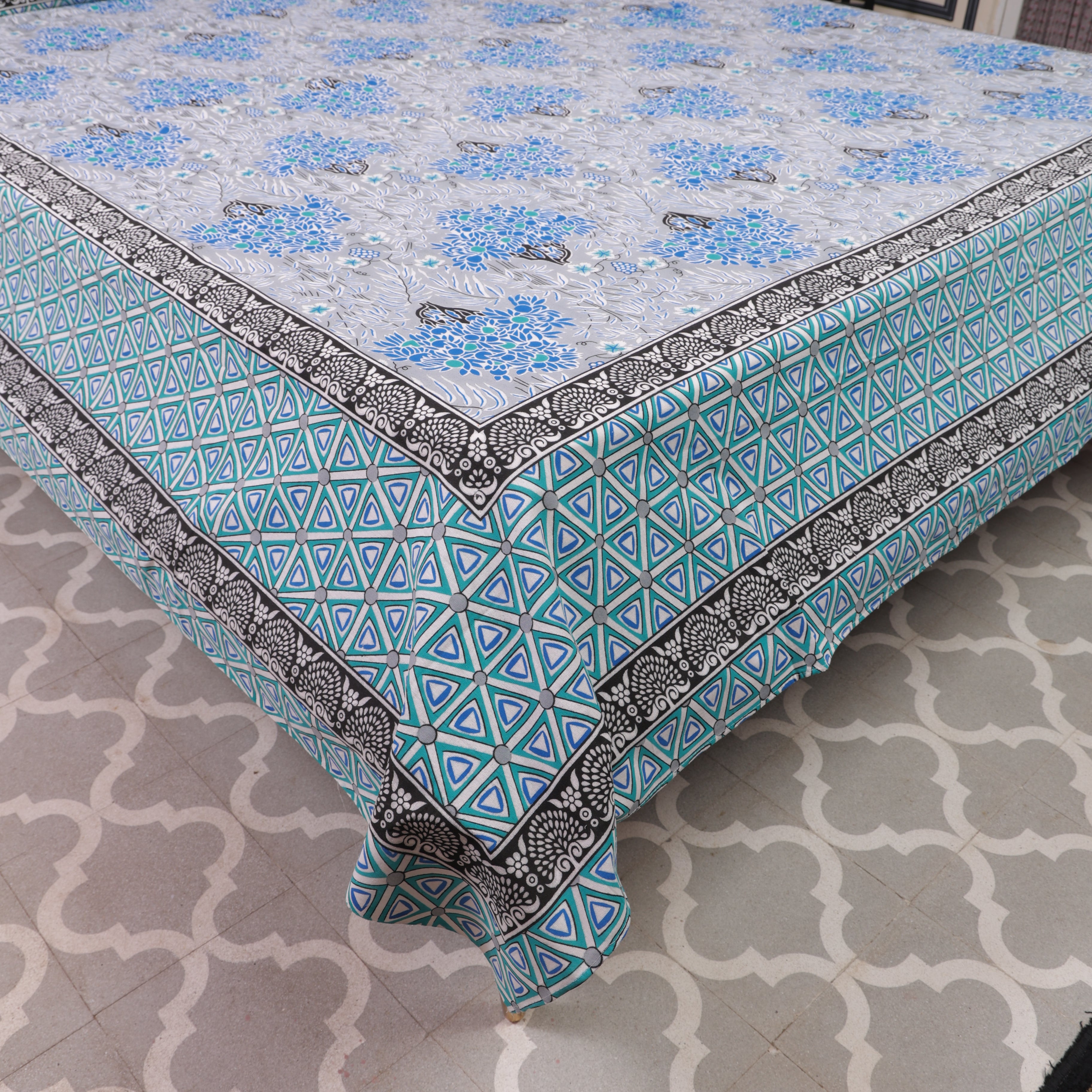Grey Cotton Queen Size Bedsheet Blue Motifs 3