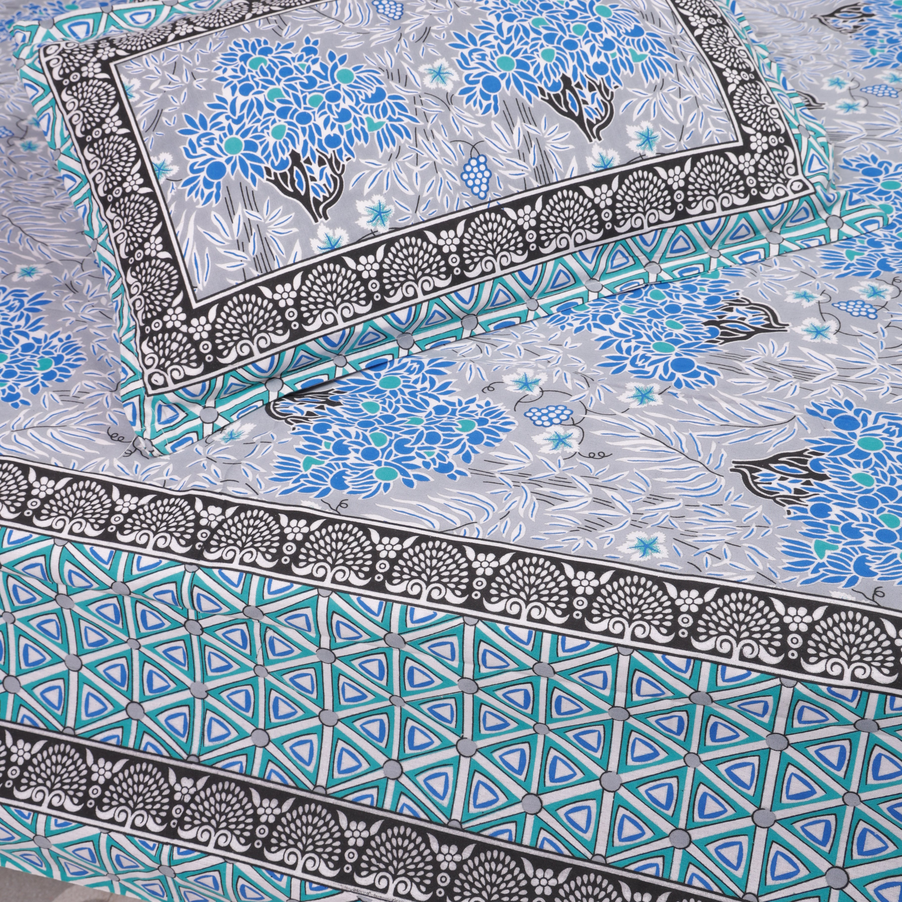 Grey Cotton Queen Size Bedsheet Blue Motifs 2