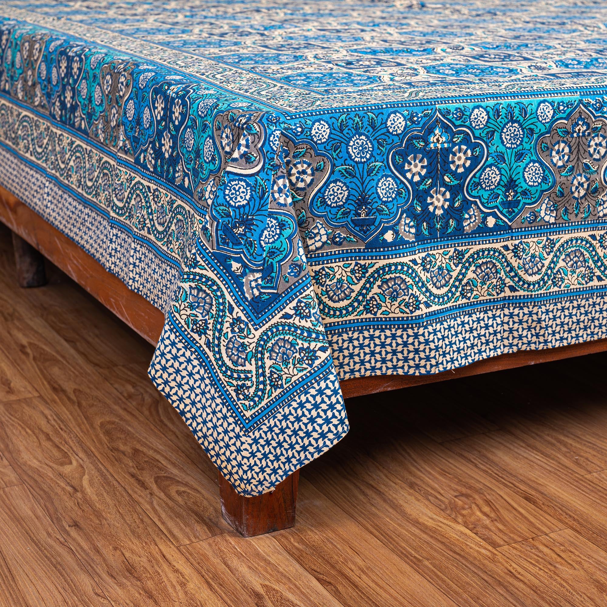 Cotton Queen Size Bedsheet - Blue Paisley booti