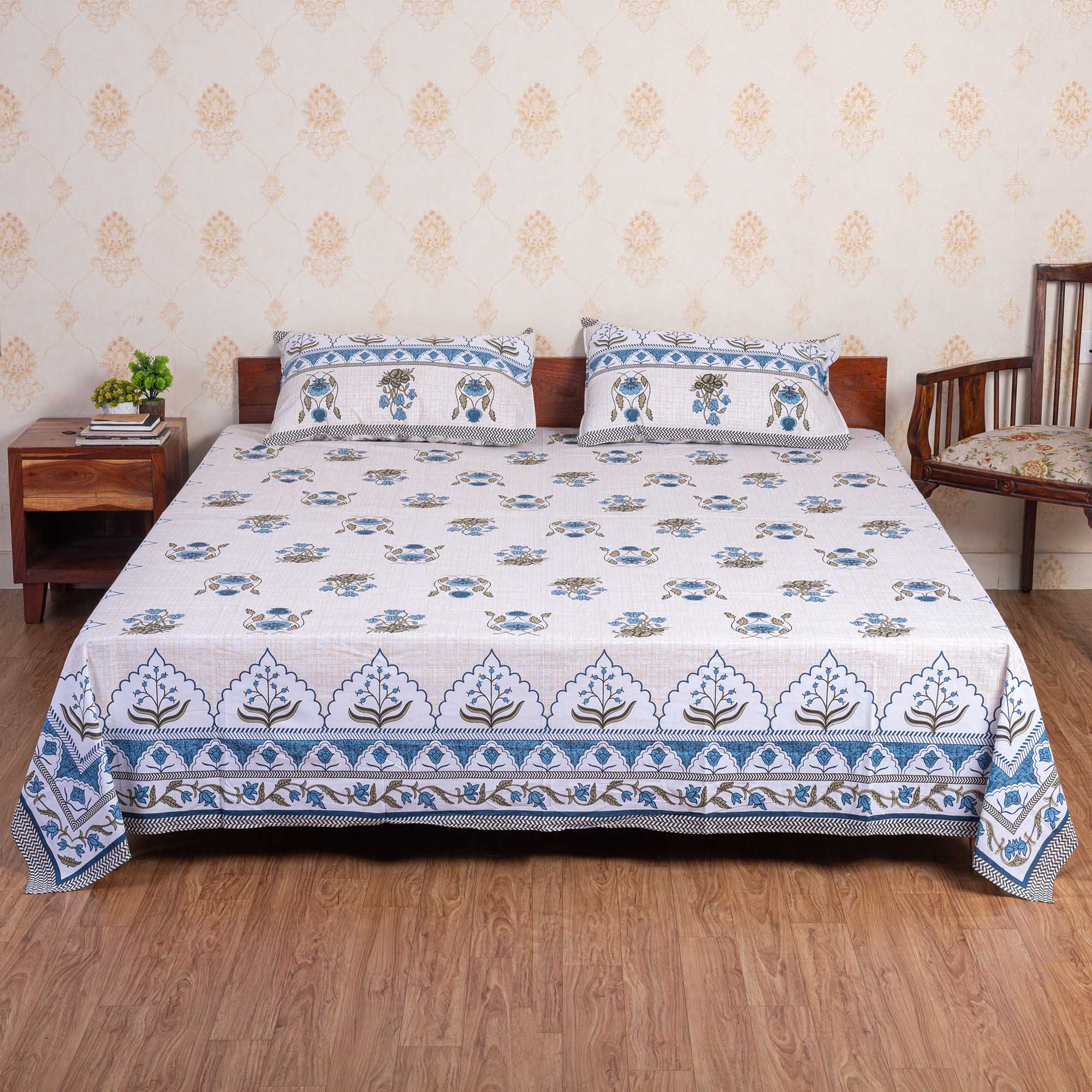 Cotton Queen Size Bedsheet - Blue Green Booti
