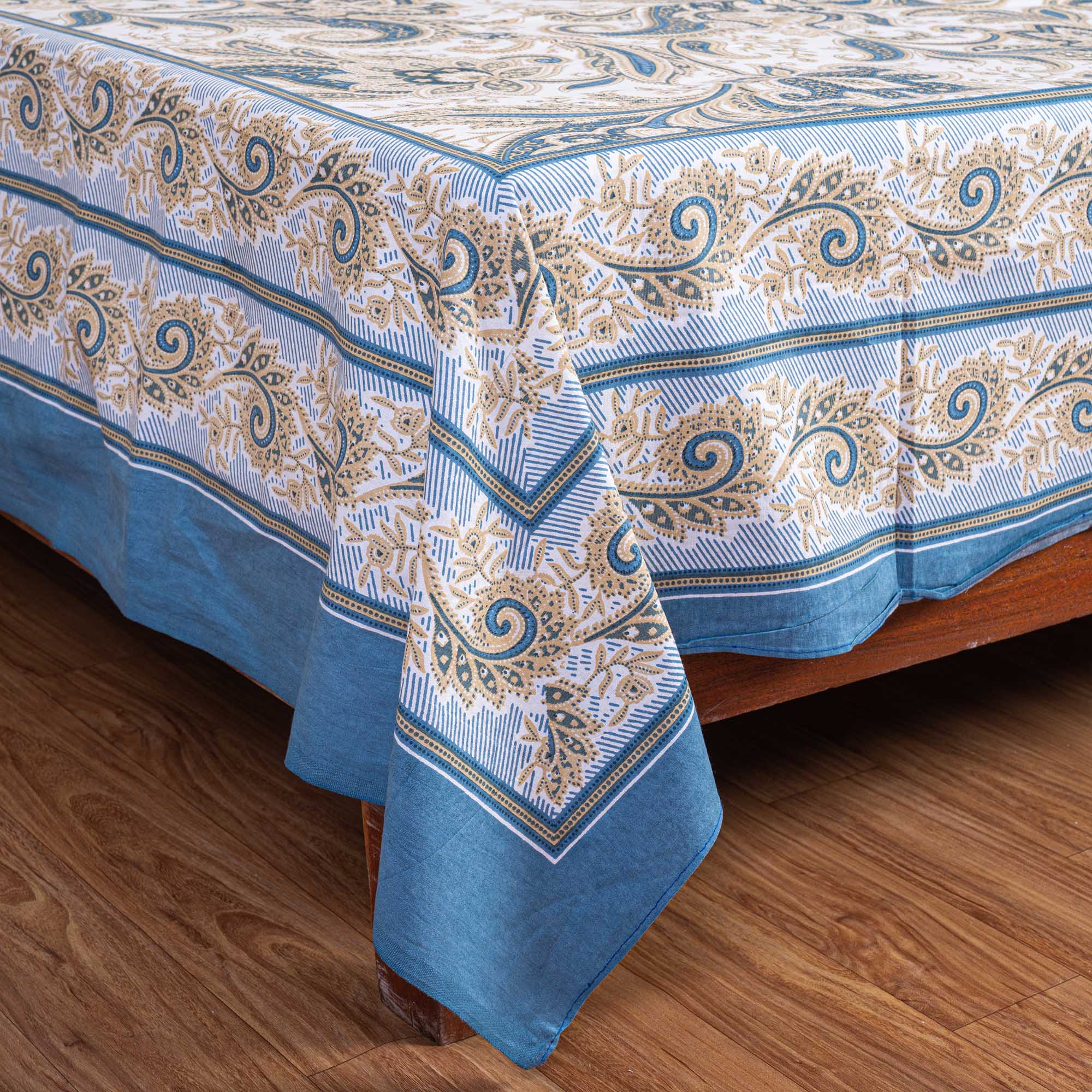 Cotton Queen Size Bedsheet - Blue Paisley Floral Jaal