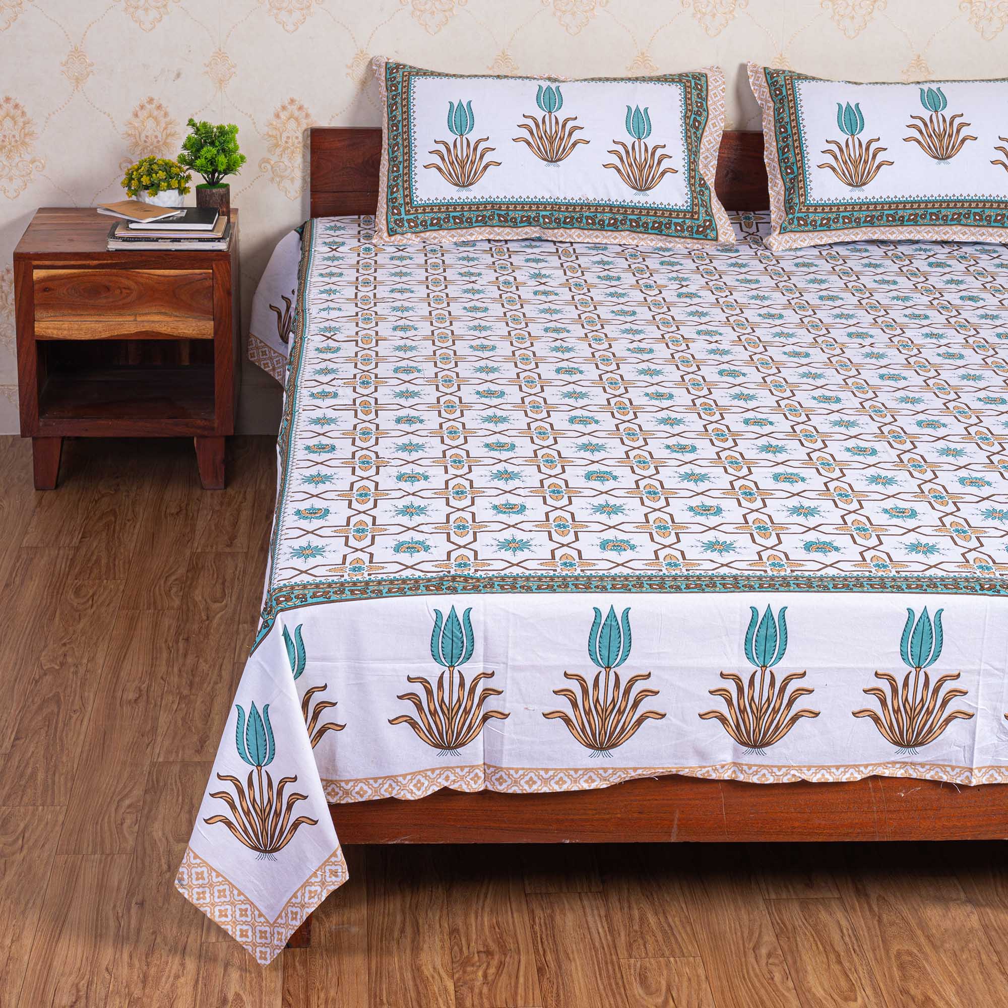 Cotton Queen Size Bedsheet - Yellow Trellis