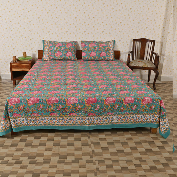 Cotton Floral Jaal Block Pink Green King Size Bedsheet