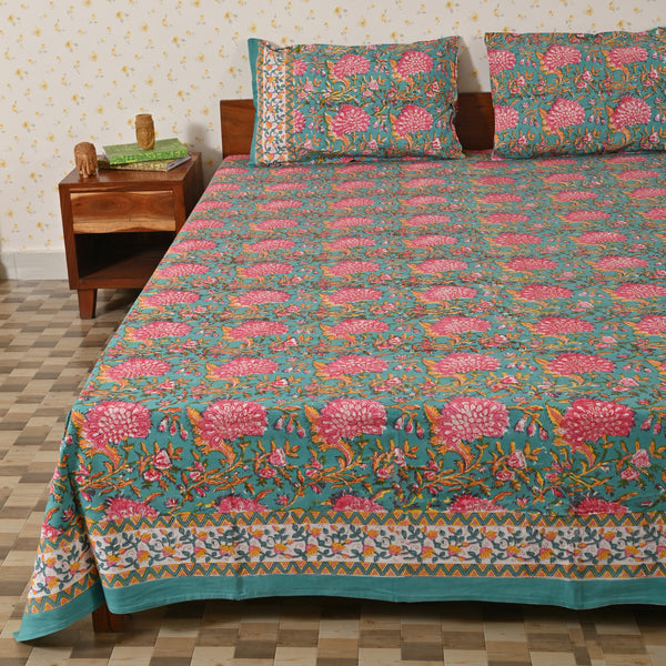 Cotton Floral Jaal Block Pink Green King Size Bedsheet