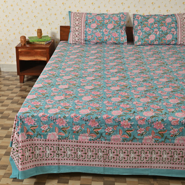 Cotton Floral Jaal Blue Pink King Size Bedsheet