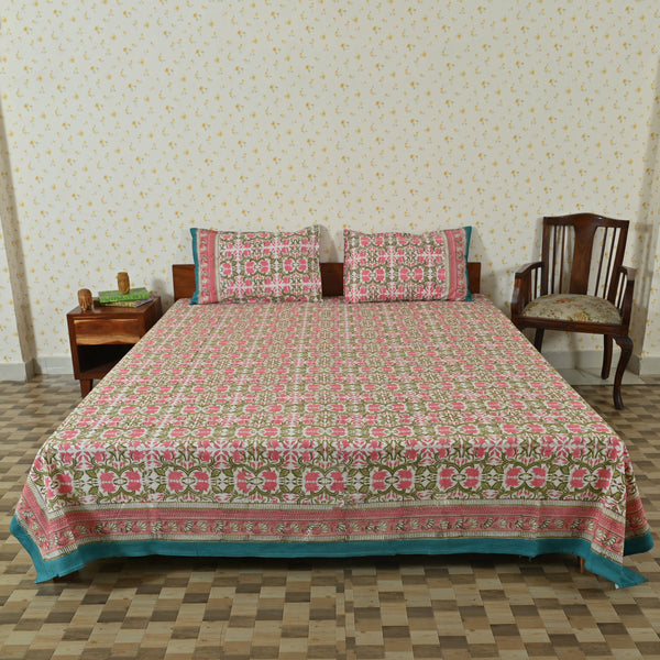Cotton White King Size Pink Green Floral Jaal Bedsheet