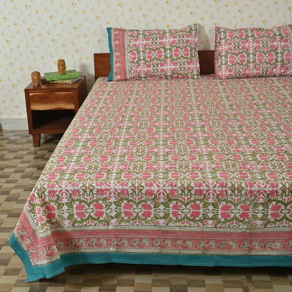 Cotton White King Size Pink Green Floral Jaal Bedsheet