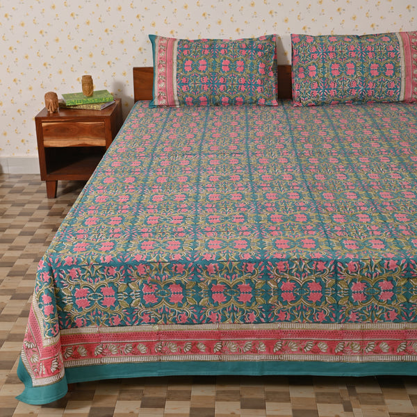 Cotton Floral Jaal Pink Green Block King Size Bedsheet