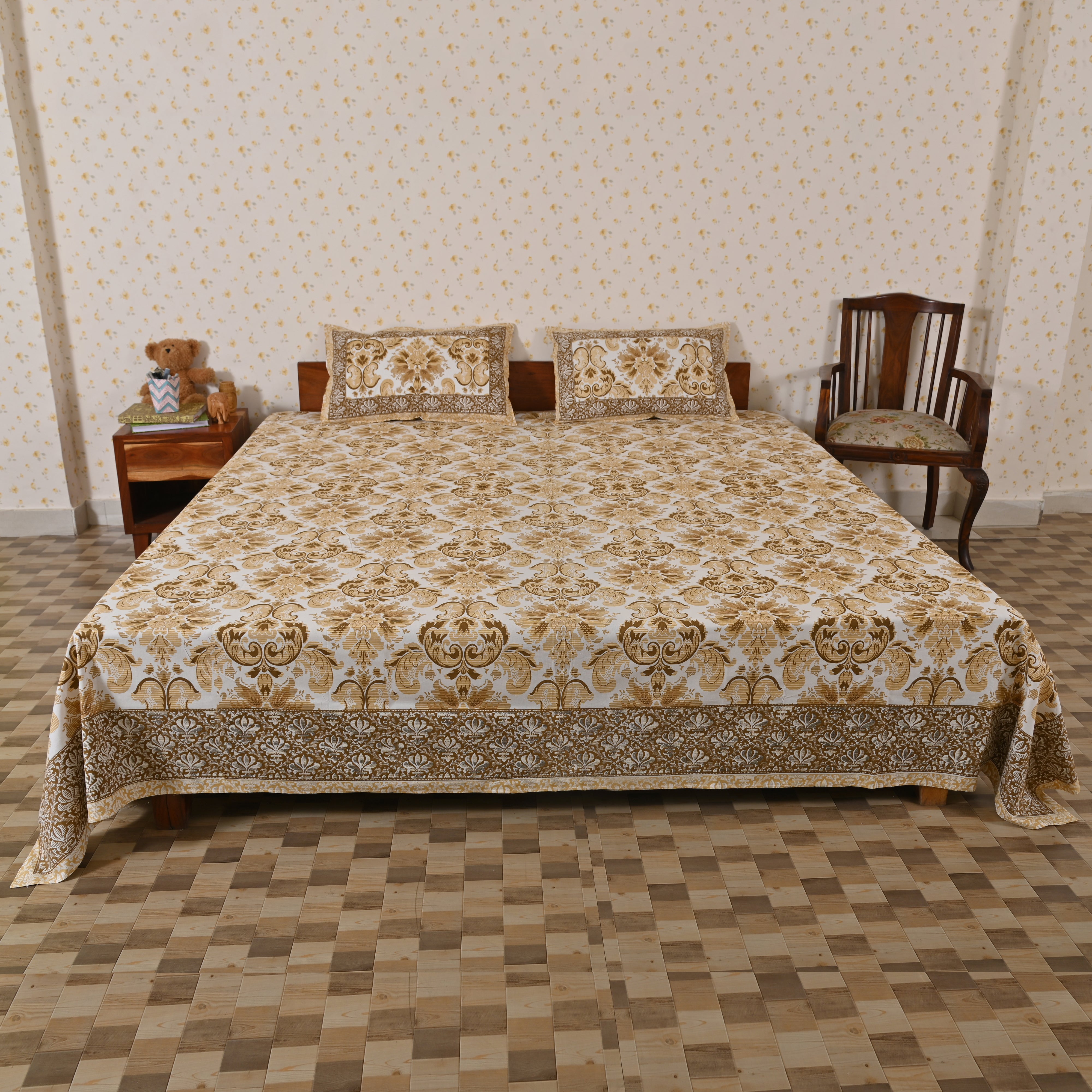 Cotton Yellow Motifs King Size Bedsheet