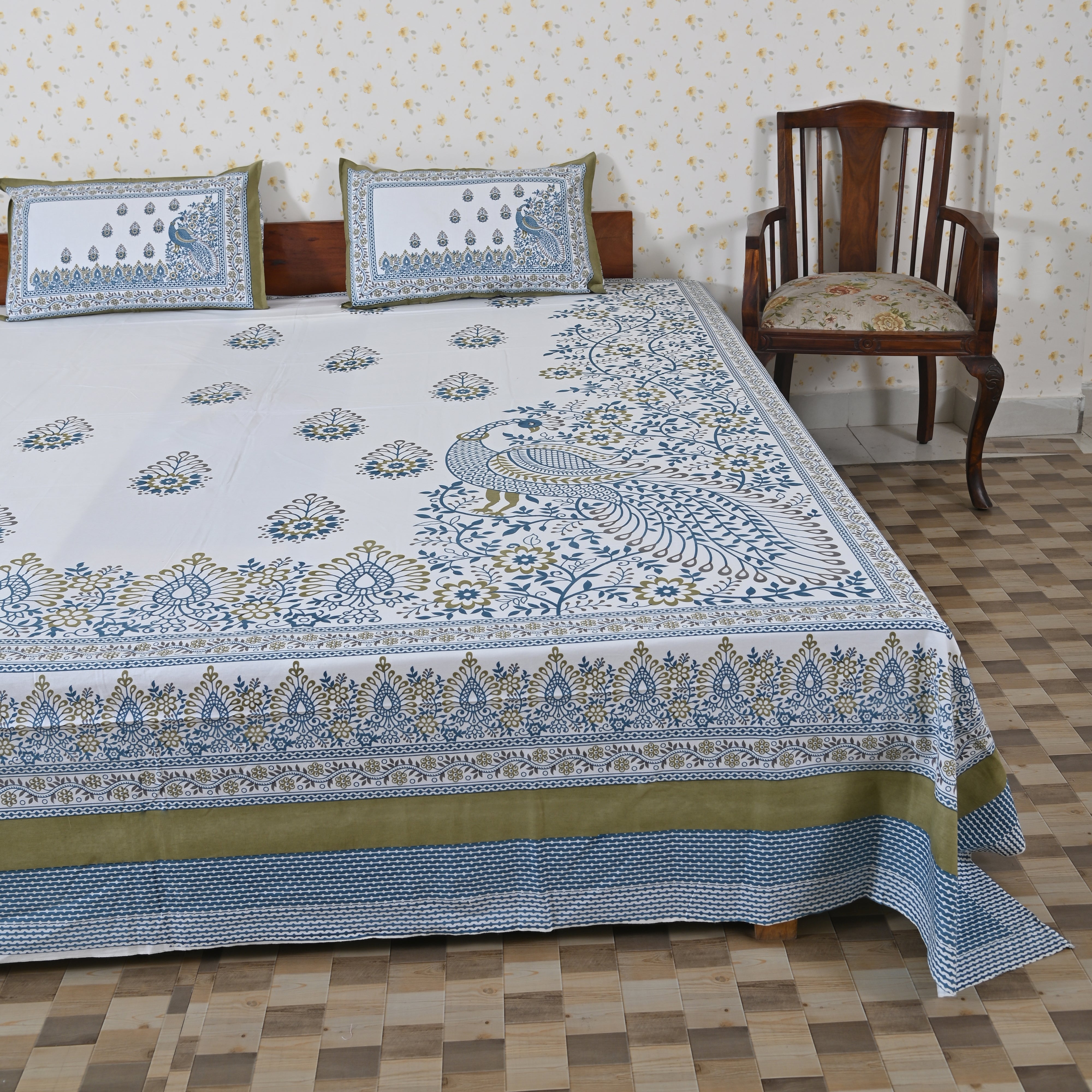 Blue Cotton King Size Bedsheet | Peacock Print Motif
