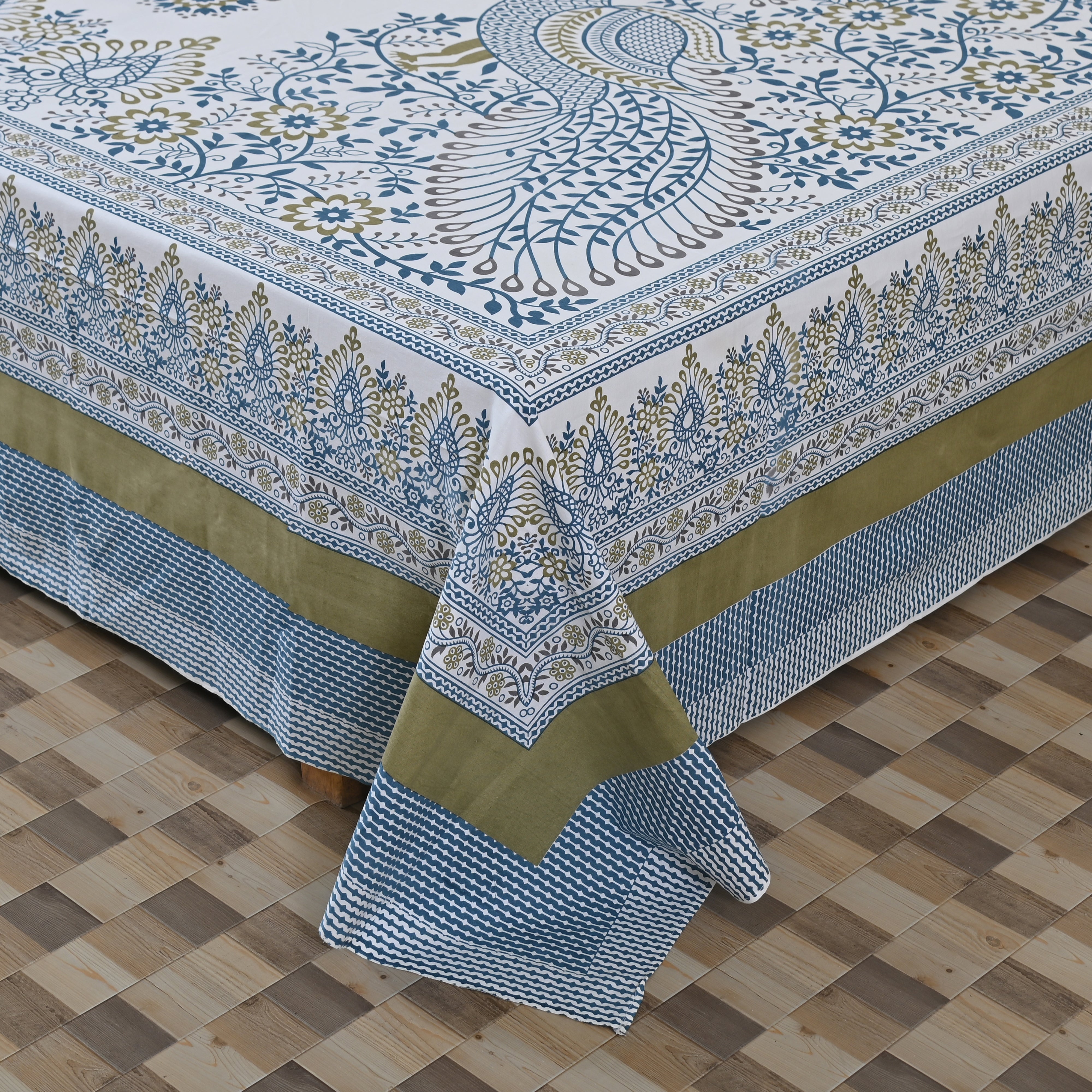 Blue Cotton King Size Bedsheet | Peacock Print Motif