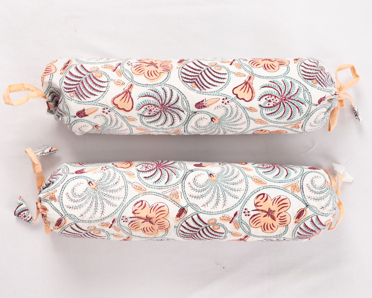 Cotton Baby Baby Bolster Set Peach Green Floral Jaal Block Print