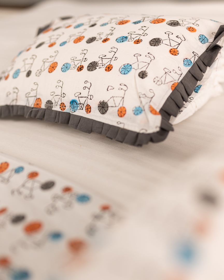 Cotton Baby Pillow Orange Blue Bicycle Block Print
