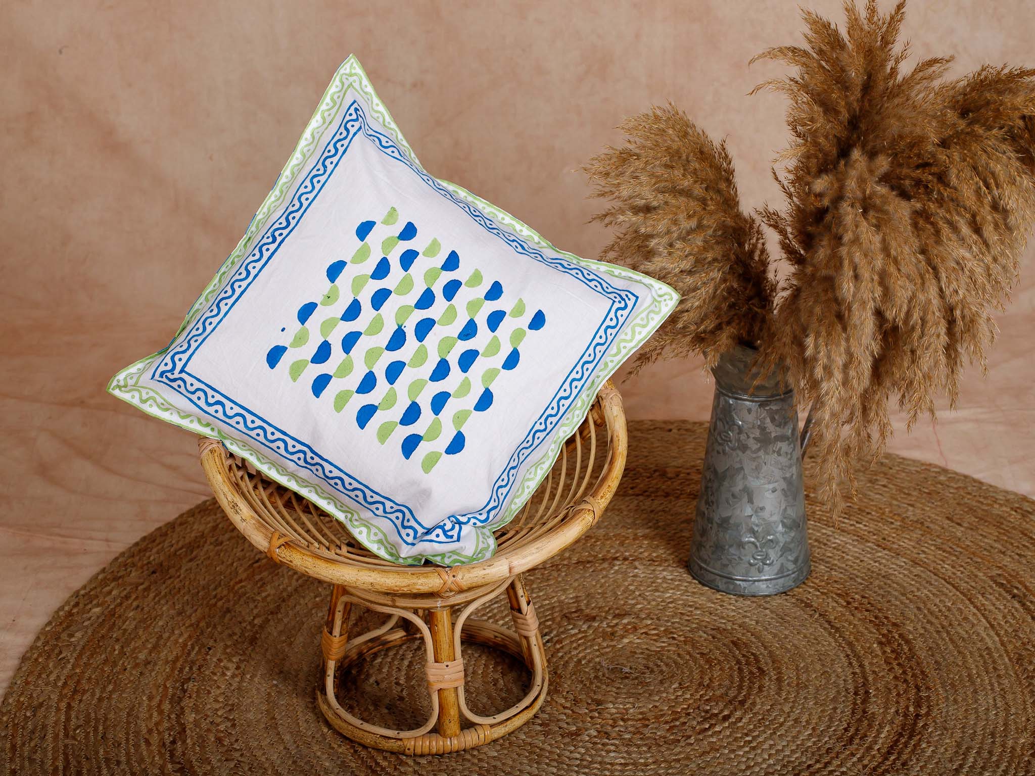 Fine Cotton Cushion Cover Blue Green Leher Block Print