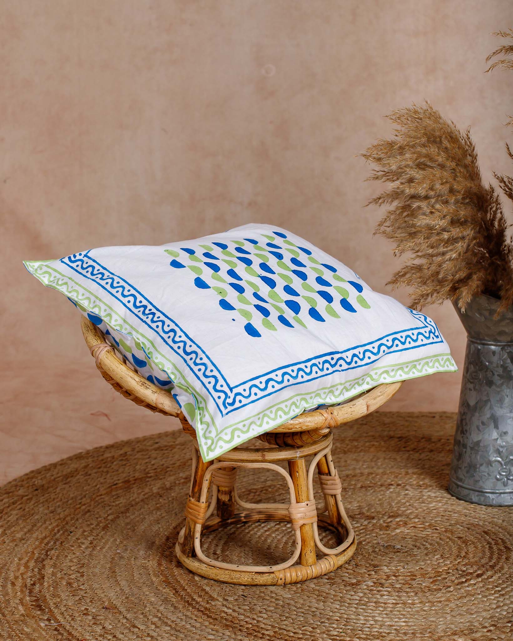 Fine Cotton Cushion Cover Blue Green Leher Block Print