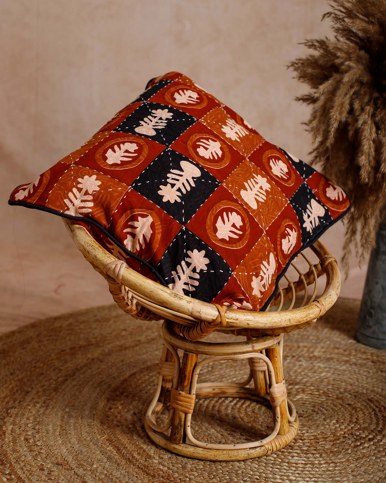 Cotton Cushion Cover Black-Brown Kantha Work Floral Booti Bagru Print