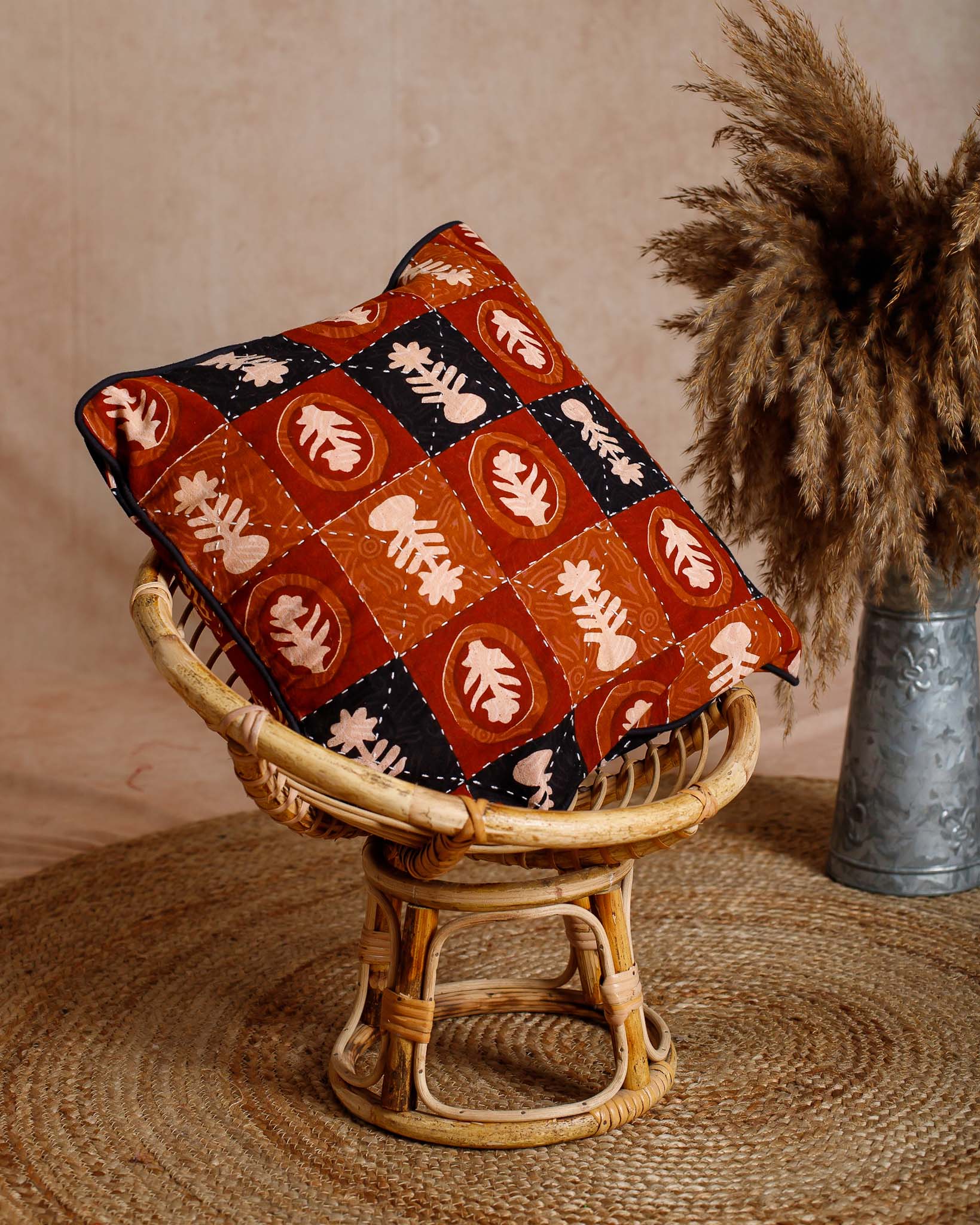 Cotton Cushion Cover Black-Brown Kantha Work Floral Booti Bagru Print