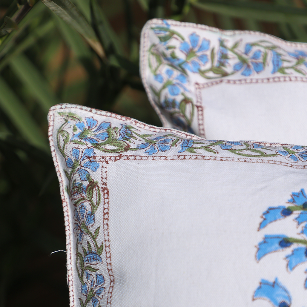 Fine Cotton Cushion Cover White Azure Blue Floral Print